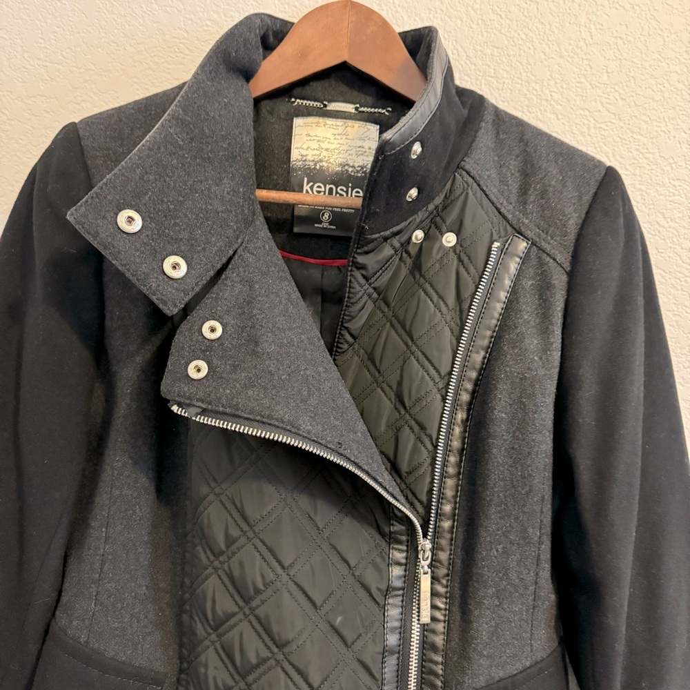 Kensie Women's Wool Blend Full Zip Overcoat Black Faux Leather Accent. S… - Picture 6 of 15